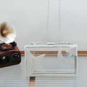 Neiman Marcus Silver Acrylic Moon and Star Rhinestone Chain Bag